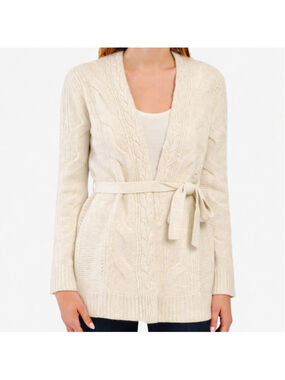 NWT Rachel Zoe Cream 100% 2-Ply Cashmere Cable Knit Belted Cardigan Sweater S